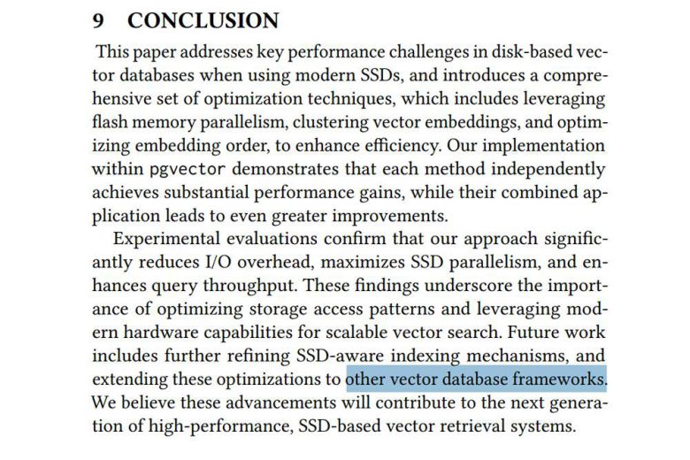 논문의 결론에는 다른 벡터 DB 체계에도 최적화할 것이라는 내용이 기재돼 있다 / 출처=서울대 VLDB 연구소
