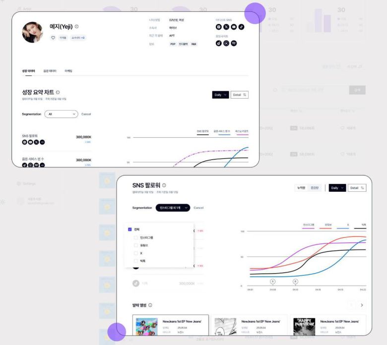플레이카운트가 아티스트 음원 재생 수와 팔로워 수를 기반으로 성장 요약 차트를 제시하는 모습 / 출처=사운드엣