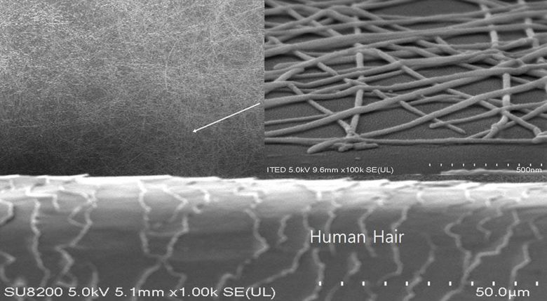 아이테드의 도전성 나노물질. 머리카락 굵기의 1/5000수준이다 / 출처=아이테드
