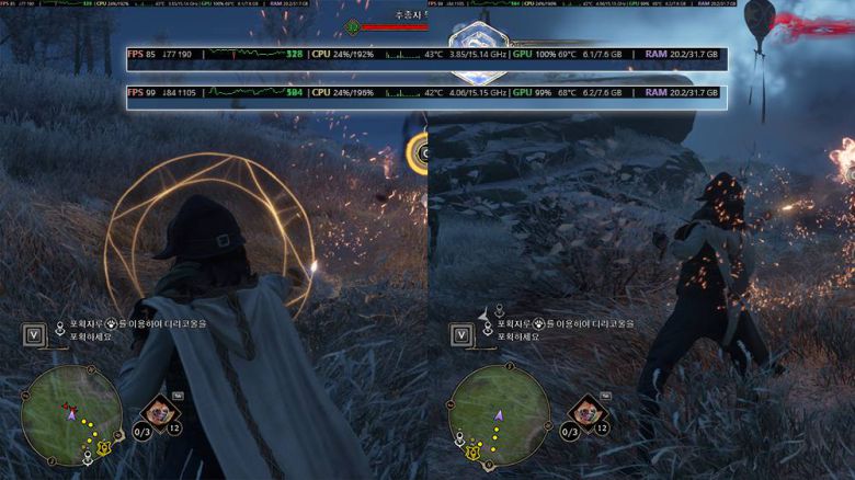 200만 견적 PC로 호그와트 레거시를 FHD 울트라 해상도로 플레이했을 때 77프레임에서 최대 105프레임 정도를 확보했다 / 출처=IT동아