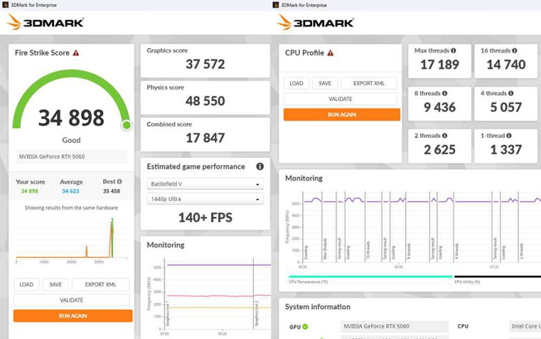 3D 마크 :파이어 스트라이크(좌)와 CPU 프로파일(우) 점수 / 출처=IT동아