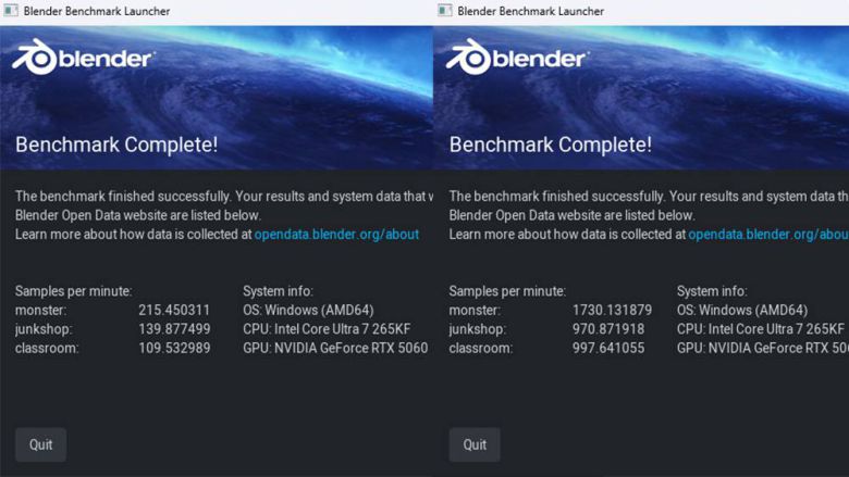 3D 렌더링 프로그램인 블렌더의 성능을 수치로 확인하는 블렌더 4.5 벤치마크 테스트 결과. 좌측이 CPU, 우측이 그래픽 카드 성능이다 / 출처=IT동아