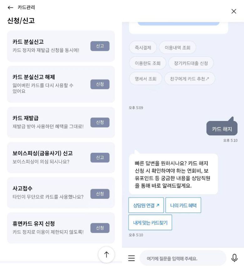 애플리케이션 내 해지 메뉴가 존재하지 않아 챗봇에 질문하면 상담원과 전화연결을 유도하는 식으로 자유로운 해지를 방해한 사례 / 출처=금융위원회