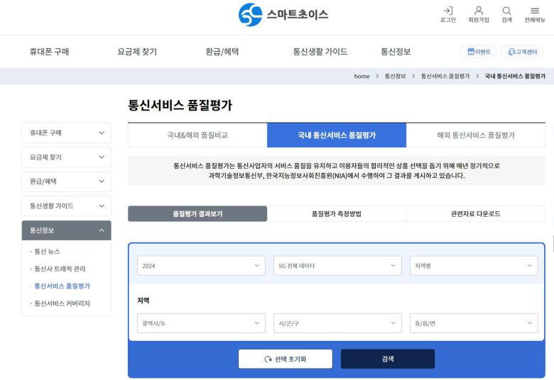스마트 초이스 홈페이지에서 통신 품질평가 결과를 확인할 수 있다 / 출처=스마트초이스