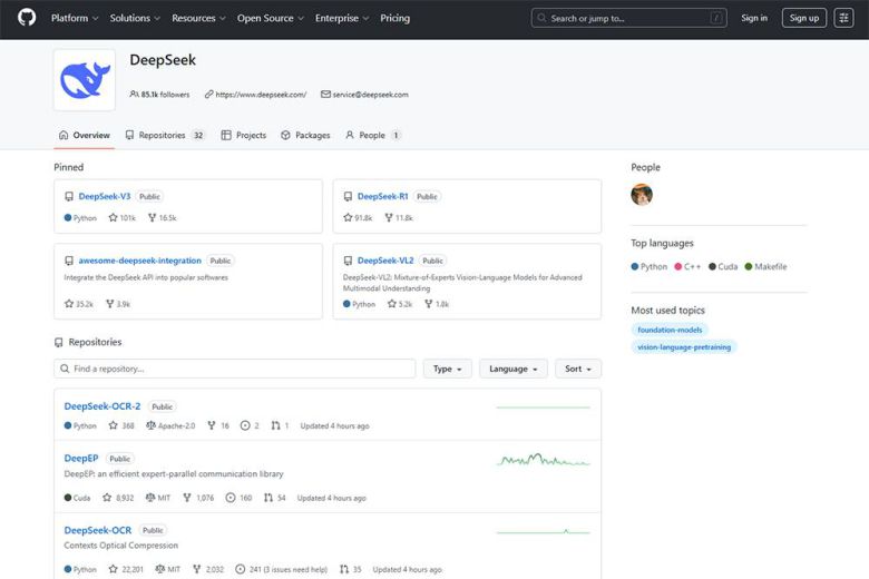 딥시크의 개발자 커뮤니티 '깃허브' 페이지, 많은 모델들이 오픈소스로 공개돼있다 / 출처=깃허브