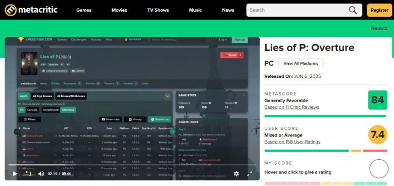P의 거짓 서곡 메타크리틱 평점