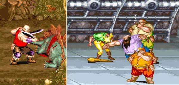 공룡을 도륙하는 첫 째판 대머리 보스와 비만 3형제