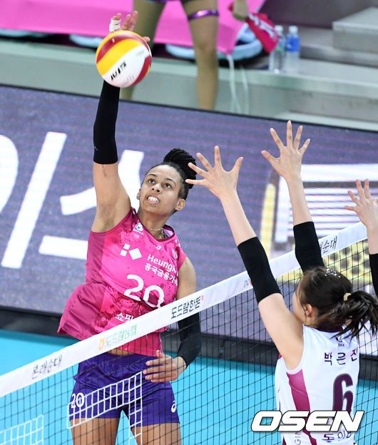 [OSEN=인천, 이대선 기자] 19일 오후 인천 계양체육관에서 열린 ‘2020-2021 도드람 V-리그’ 여자부 흥국생명과 인삼공사의 경기에서 브루나가 공격을 시도하고 있다. /sunday@osen.co.kr