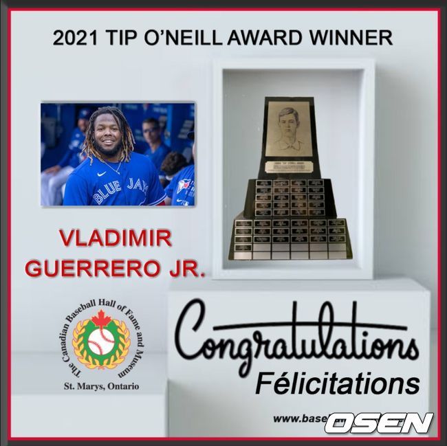 [사진] 블라디미르 게레로 주니어의 팁 오닐 어워드 수상을 알리는 트윗. <캐나다 베이스볼 명예의 전당 공식 트윗 캡처>