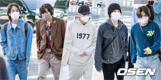 [OSEN=인천공항, 민경훈 기자]방탄소년단 RM, 진, 슈가, 지민, 뷔가 출국장을 향해 걸어가고 있다. 2022.03.28 /rumi@osen.co.kr