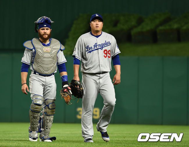2019년 다저스 시절 러셀 마틴, 류현진 /OSEN DB