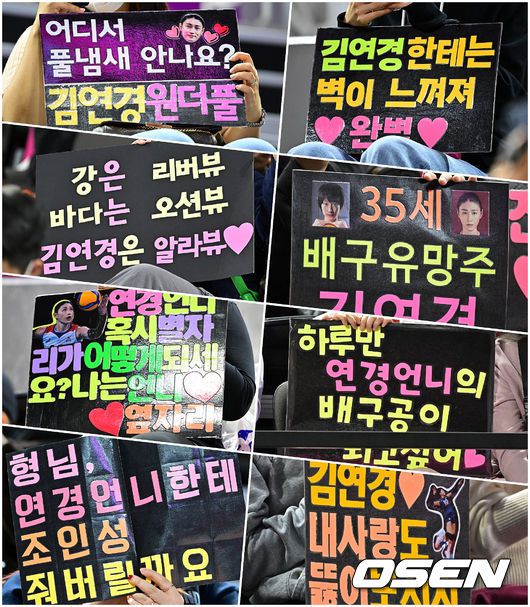[OSEN=인천, 지형준 기자] 김연경을 향한 팬들의 재치 넘치는 피켓 응원 문구. 2022.11.13 /jpnews@osen.co.kr