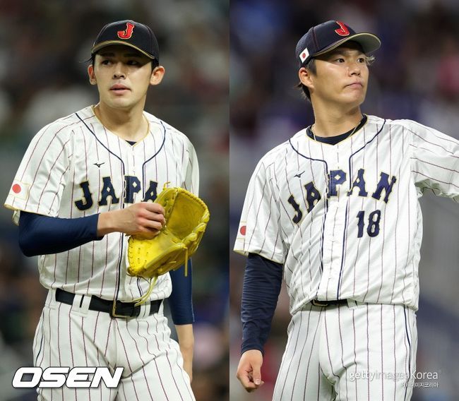 [사진] 월드베이스볼클래식 일본 국가대표 사사키 로키(왼쪽), 야마모토 요시노부. ⓒGettyimages(무단전재 및 재배포 금지)