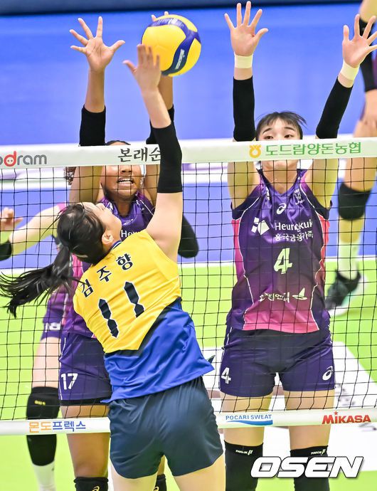 [OSEN=수원, 박준형 기자]2세트 현대건설 김주향이 강타를 날리고 있다.  2023.10.18 / soul1014@osen.co.kr