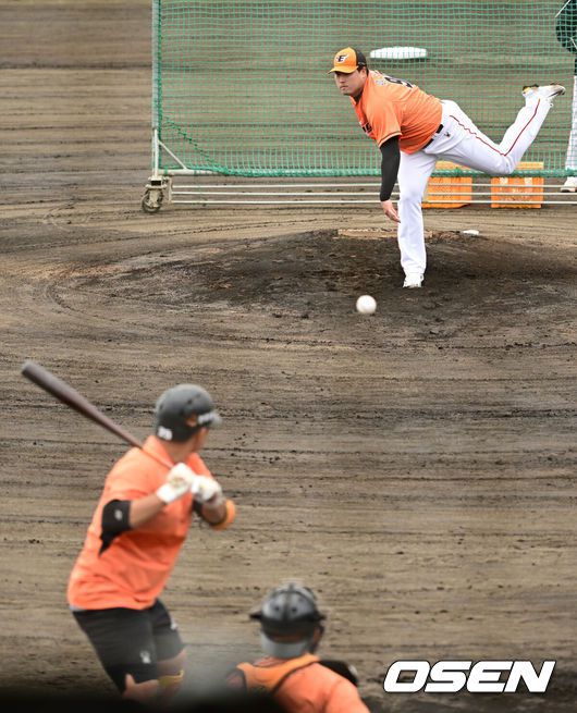 [OSEN=오키나와(일본), 조은정 기자]2일 일본 오키나와 고친다구장에서 한화이글스의 스프링캠프 훈련이 진행됐다. 한화 류현진이 라이브 피칭을 하고 있다. 2024.03.02 /cej@osen.co.kr