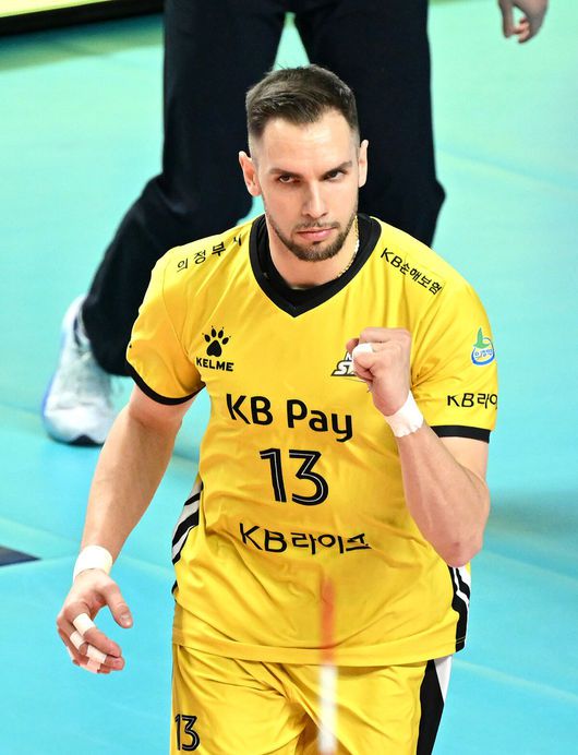 [OSEN=장충, 이대선 기자] 26일 오후 서울 장충체육관에서 도드람 2024-2025 V리그 남자부 우리카드와 KB손해보험의 경기가 열렸다.KB손해보험은 13승10패로 3위, 우리카드는 11승11패로 4위를 기록 중이다.1세트 득점에 성공한 KB손해보험 비예나가 환호하고 있다. 2025.01.26 / sunday@osen.co.kr