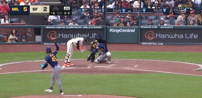 5회 밀워키 투수 애브러 유리베의 몸쪽 공이 샌프란시스코 이정후의 무릎 근처로 향했다. /MLBTV 중계화면 캡처