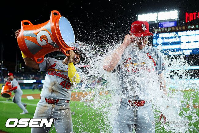 [사진] 세인트루이스 에릭 페디가 완봉승을 거둔 뒤 동료들로부터 물 세례를 받고 있다. ⓒGettyimages(무단전재 및 재배포 금지)