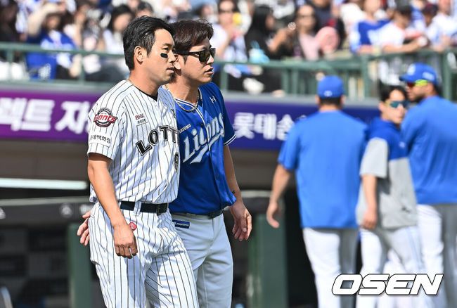[OSEN=부산, 이석우 기자] 18일 부산 사직야구장에서 2025 신한 SOL 뱅크 KBO 리그 롯데 자이언츠와 삼성 라이온즈의 경기가 열렸다. 홈팀 롯데는 데이비슨, 방문팀 삼성은 이승현이 선발 출전했다.삼성 라이온즈 강민호가 5회말 2사 윤동희의 머리로 향한 삼성 라이온즈 양창섭의 투구에 벤치 클리어링을 한 후 전준우를 달래고 있다. 2025.05.18 / foto0307@osen.co.kr