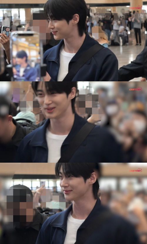 28일 김포공항에서 가이드라인이 순식간에 무너지며 변우석 뒤로 팬들이 쏟아져 나온 모습