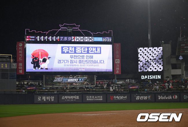[OSEN=수원, 김성락 기자] 24일 오후 수원 KT위즈파크에서 2025 신한 SOL Bank KBO리그 KT 위즈와 LG 트윈스의 경기가 열렸다.KT는 헤이수스, LG는 치리노스를 선발투수로 내세웠다.6회초 종료 후 쏟아지는 강우에 경기가 우천 중단됐다. / ksl0919@osen.co.kr