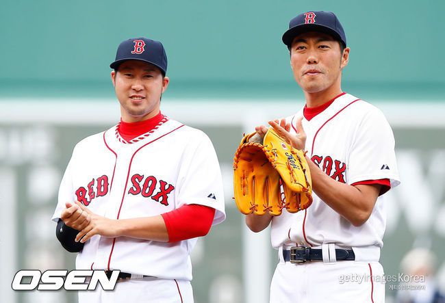 [사진] 보스턴 시절 타자와 준이치, 우에하라 고지. ⓒGettyimages(무단전재 및 재배포 금지)