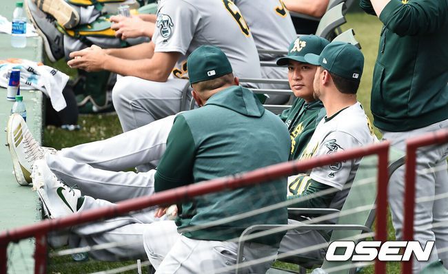 [OSEN=텍사스(미국 알링턴),박준형 기자]추신수(37·텍사스)가 멀티 히트 활약을 펼쳤지만 텍사스 레인저스는연승 잇기에 실패했다.추신수는 10일(이하 한국시간) 미국 텍사스주 알링턴 글로브라이프파크에서 열린 ‘2019 메이저리그(MLB)’ 오클랜드 애슬레틱스와의 경기에 1번-지명타자로 선발 출장했다. 경기중 오클랜드 왕웨이중이 외야 불펜서 동료들과 이야기를 나누고 있다. / soul1014@osen.co.kr