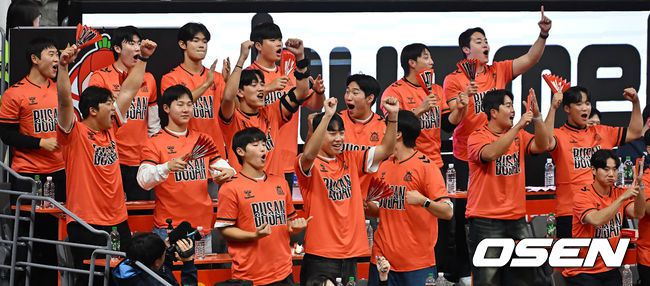 [OSEN=부산, 이석우 기자] 9일 부산 강서실내체육관에서 진에어 2025-2026 V리그 남자부 OK저축은행과 KB손해보험의 경기가 열렸다. 홈 2연승을 기록중인 OK저축은행이 이번 경기에서도 승리, 연승을 이어갈지 기대된다.롯데 자이언츠 신인 선수들이 OK저축은행이 승리를 결정 짓자 환호하고 있다. 2025.12.09 / foto0307@osen.co.kr