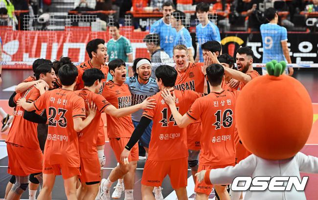 [OSEN=부산, 이석우 기자] 12일 부산 강서실내체육관에서 진에어 2025-2026 V리그 남자부 OK저축은행과 대한항공의 경기가 열렸다. 남자배구에서 파죽의 10연승을 달리는 대한항공과 '상위팀 킬러'로 통하는 OK저축은행이 외나무다리 대결을 펼쳤다.OK저축은행 선수들이 대한항공에 세트 스코어 3-0으로 승리한 후 기쁨을 나누고 있다. 2025.12.12 / foto0307@osen.co.kr