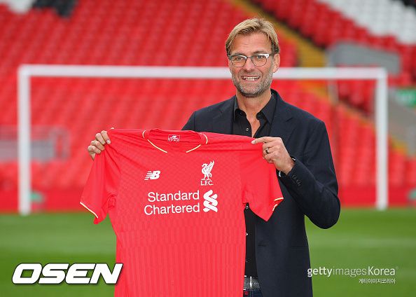 Jurgen Klopp at Anfield is unveiled as the new manager of Liverpool FC during a press conference at Anfield on October 9, 2015 in Liverpool, England.