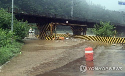 충북 제천 도로 침수(제천=연합뉴스) 2일 오전 충북 제천시 봉양읍 중앙선 연교역과 구항역 구간 철도 주변 도로가 침수돼 있다. 2020.8.2  [독자 제공.재판매 및 DB 금지] hak@yna.co.kr