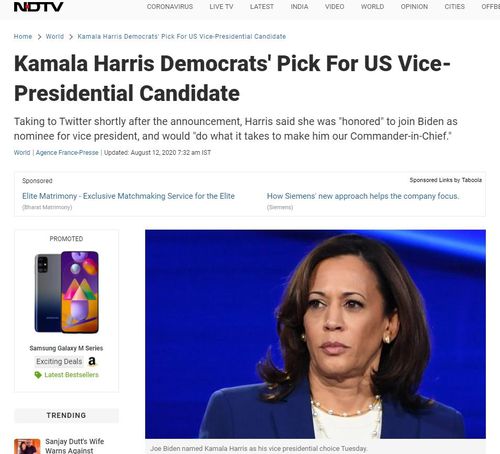 카멀라 해리스의 미국 부통령 후보 낙점 소식을 전한 인도 NDTV. [NDTV 홈페이지 캡처]