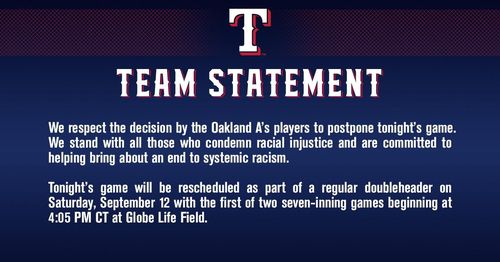 오클랜드와의 경기 취소를 알리는 텍사스[텍사스 레인저스 트위터 캡처. 재판매 및 DB 금지]