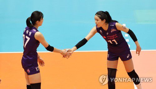 '좋았어'(제천=연합뉴스) 서명곤 기자 = 30일 오후 충북 제천시 제천체육관에서 열린 2020 제천·MG새마을금고컵 프로배구 대회 여자부 개막전 흥국생명과 현대건설과의 경기. 이재영과 이다영의 손바닥을 마주치고 있다.  2020.8.30 seephoto@yna.co.kr