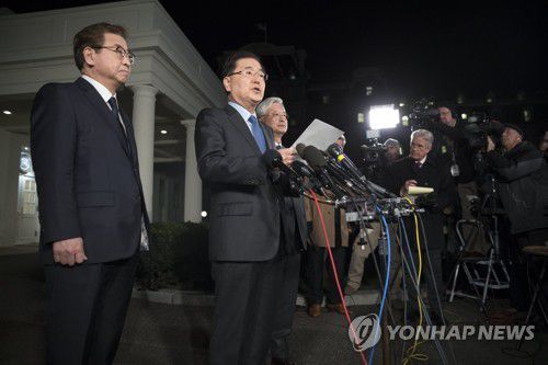 2018년 3월 트럼프 대통령의 북미회담 깜짝 수락에 따라 백악관에서 계획을 발표하는 한국 방미단[EPA=연합뉴스 자료사진]