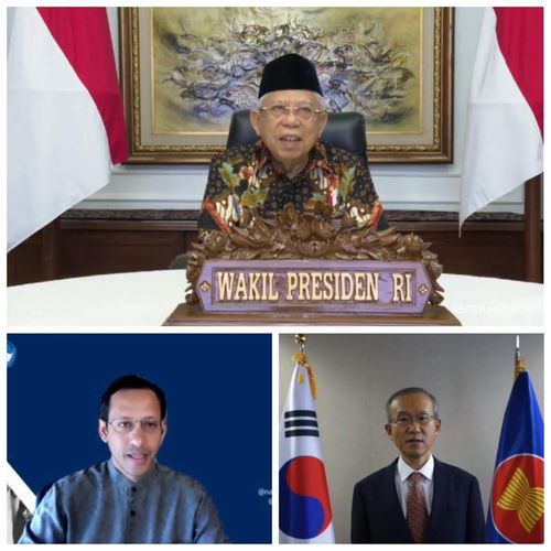 아시아사이버대 개교식서 축사한 주요 인사들[자카르타=연합뉴스] 마루프 아민 인도네시아 부통령(위)과 나딤 마카림 교육문화부 장관(아래왼쪽), 임성남 주아세안 대사.