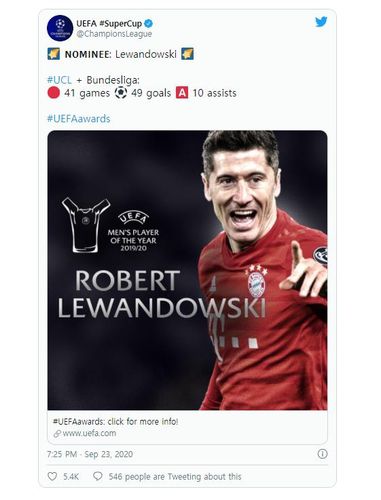 UEFA 올해의 남자선수 최종 후보에 든 로베르트 레반도프스키.[UEFA 트위터. 재판매 및 DB 금지]