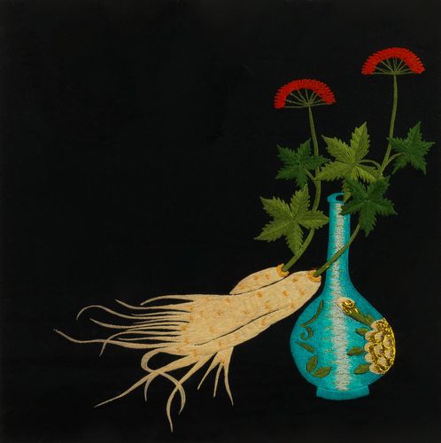 인삼 문양이 새겨진 자수[문화재청 제공. 재판매 및 DB 금지]