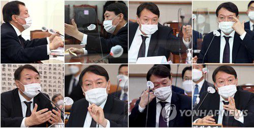 국정감사 출석한 윤석열 검찰총장(서울=연합뉴스) 안정원 기자 = 윤석열 검찰총장이 22일 국회에서 열린 법제사법위원회 대검찰청 국정감사에서 다양한 표정으로 답변하거나 질문받고 있다. 2020.10.22 jeong@yna.co.kr