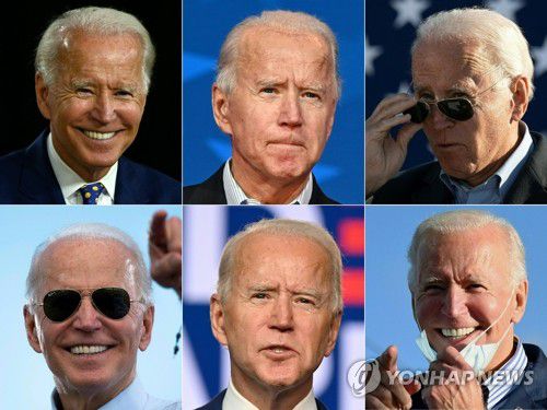 미 대선 승기에 쐐기 박는 바이든(워싱턴 AFP=연합뉴스) 미국 대선 개표 나흘째인 6일(현지시간) 핵심 승부처에서 막판 뒤집기로 승기에 쐐기를 박은 조 바이든 민주당 대선 후보의 얼굴을 위아래로 나란히 배치한 사진. 사진에는 바이든 후보가 11·3 대선을 앞두고 벌인 유세 때의 여러 표정이 담겨 있다. sungok@yna.co.kr