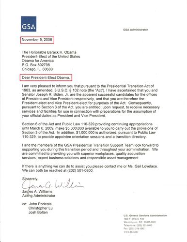2008년 부시 행정부가 오바마 당시 미국 대통령 당선인에게 보낸 문서GSA가 선거 다음날 오바마 당시 당선인에게 보낸 이 문서에는 '오바마 대통령 당선인(President-Elect)'라고 명시됐고, 인수위 지원에 대한 내용이 담겨있다. [출처: 크리스 루(Chris Lu) 트위터]