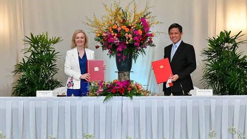 리즈 트러스 영국 국제통상부 장관(왼쪽)과 찬춘싱 싱가포르 통상산업부(MTI) 장관.[싱가포르 MTI/ 재판매 및 DB 금지]