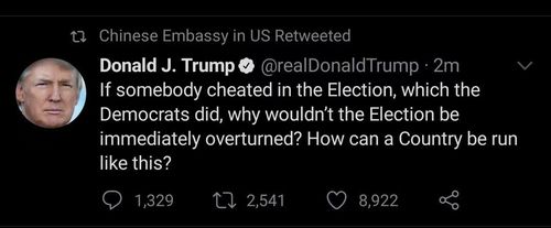 주미 중국대사관이 리트윗한 것으로 추정되는 게시글[트위터 캡처. 재판매 및 DB 금지]