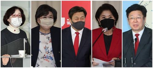 야권 서울시장 출마자들왼쪽부터 박춘희 전 송파구청장, 이혜훈 전 의원, 김선동 전 사무총장, 조은희 서초구청장, 이종구 전 의원[연합뉴스 자료사진]