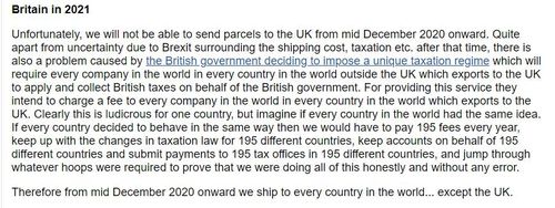 영국으로의 배송이 불가하다는 점을 공지하는 '더치 바이크 바이츠' [더치 바이크 바이츠 홈페이지 캡처]