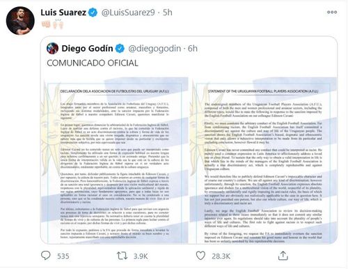 우루과이 축구선수협회 성명 공유한 수아레스와 고딘 [트위터 캡처]
