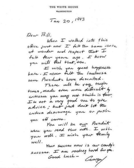 조지 H.W. 부시 전 대통령이 후임자인 빌 클린턴 전 대통령에게 남긴 손편지[힐러리 클린턴 인스타그램 캡처. 재판매 및 DB 금지]