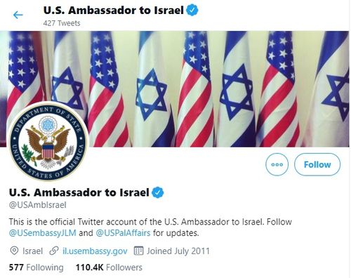 서안과 가자지구 명칭을 뺀 주이스라엘 미국대사관 트위터 계정[트위터 캡처=연합뉴스]