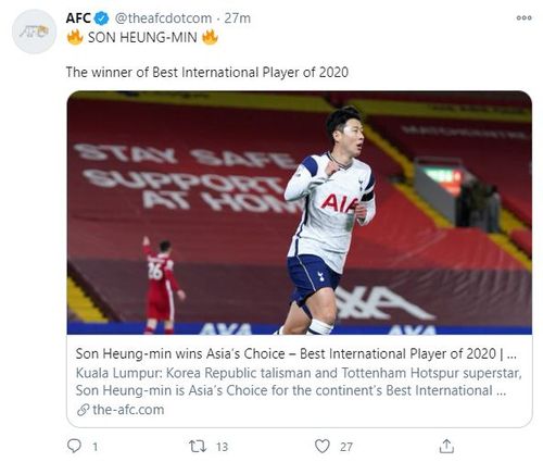 2020 AFC 국제선수상을 받은 손흥민[AFC 트위터 캡처. 재판매 및 DB 금지]