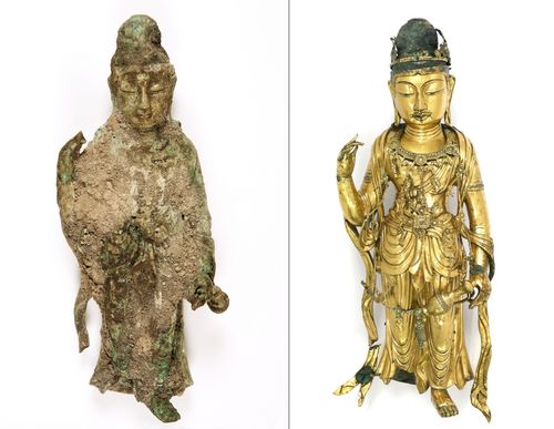 양양 선림원지 금동보살입상 보존처리 전(왼쪽)과 후 모습[국립문화재연구소 제공. 재판매 및 DB 금지]